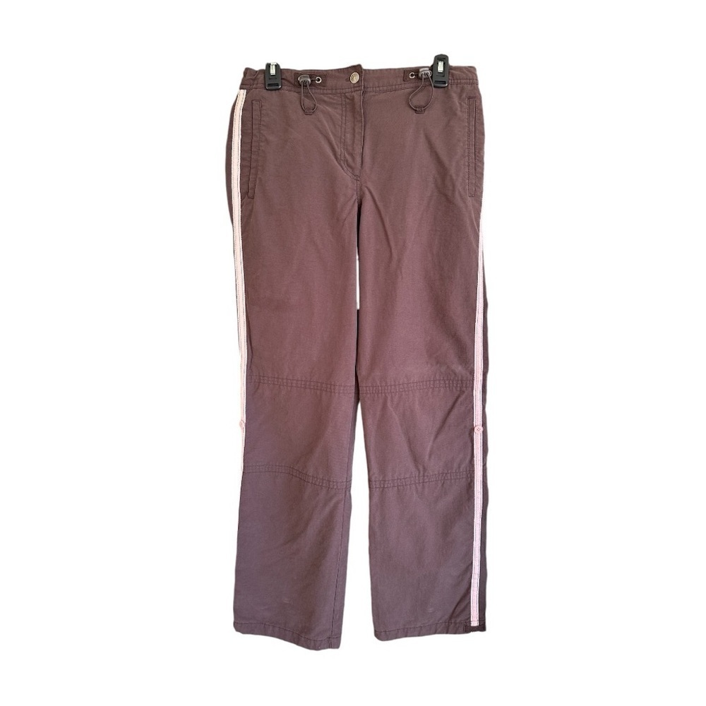 FUDA, WOMENS TRACK PANTS. BROWN WITH PINK SIDE STRIPES. SIZE M